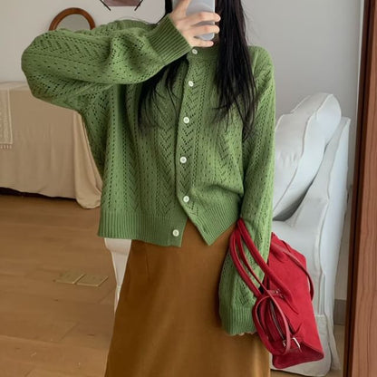 Crewneck Button-Up Plain Cardigan