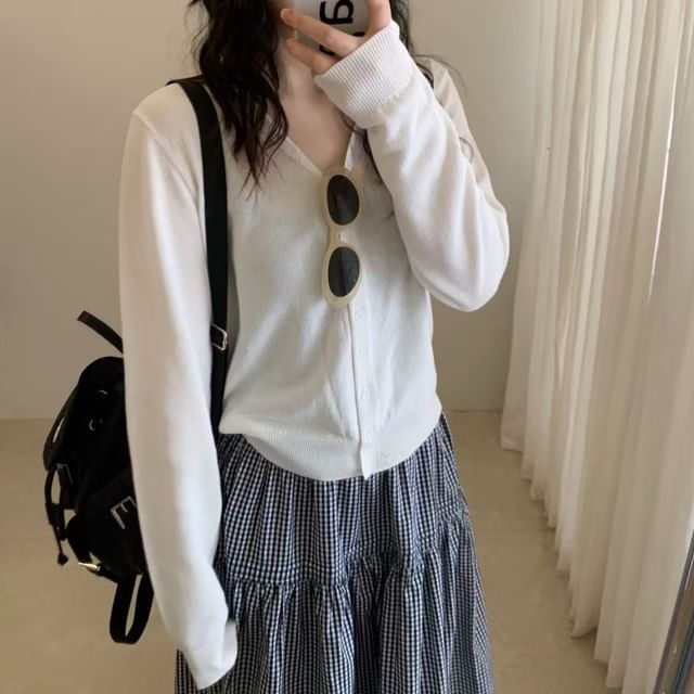 V-Neck Button-Up Plain Cardigan