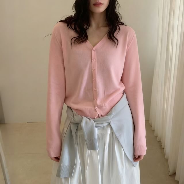V-Neck Button-Up Plain Cardigan