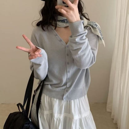 V-Neck Button-Up Plain Cardigan