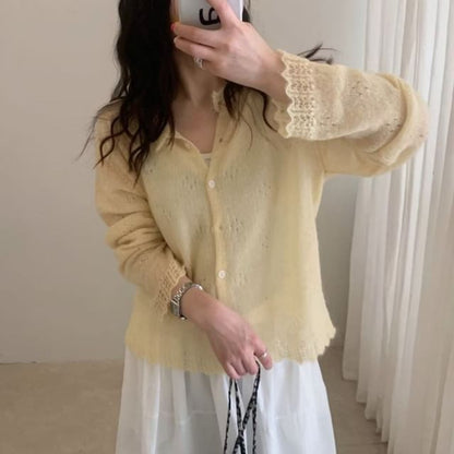 Button-Up Perforated Plain Cardigan