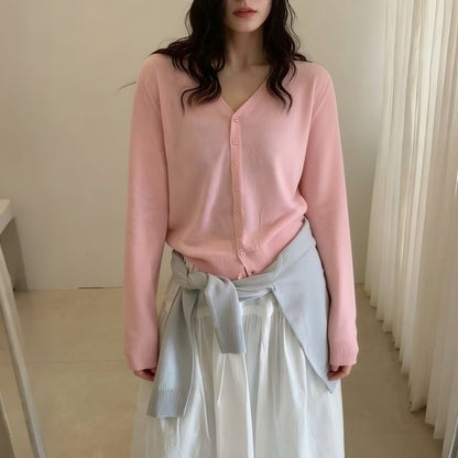 V-Neck Button-Up Plain Cardigan