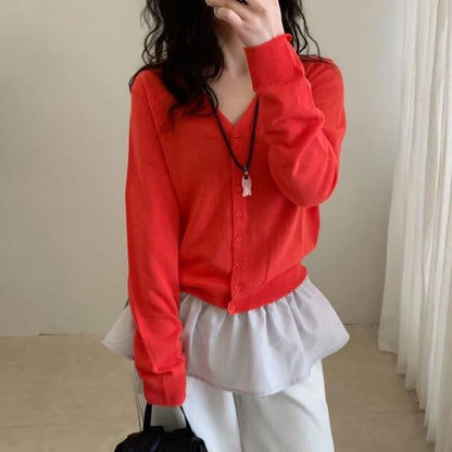 V-Neck Button-Up Plain Cardigan