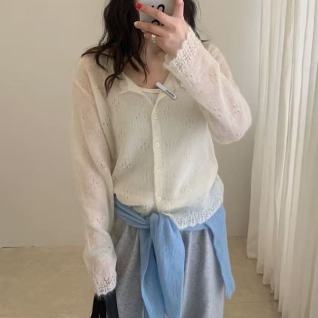 Button-Up Perforated Plain Cardigan