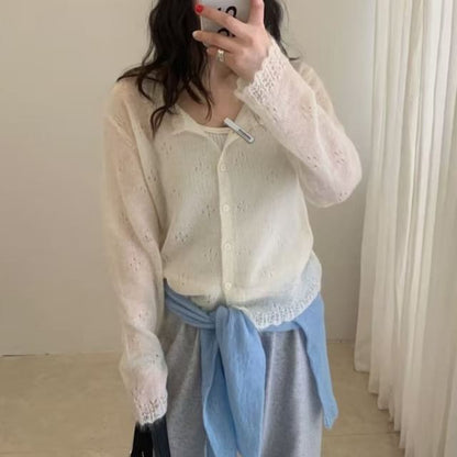 Button-Up Perforated Plain Cardigan