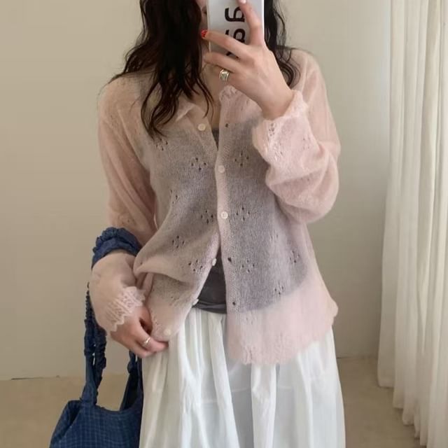 Button-Up Perforated Plain Cardigan