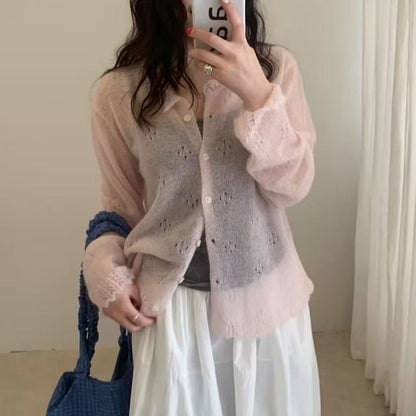 Button-Up Perforated Plain Cardigan
