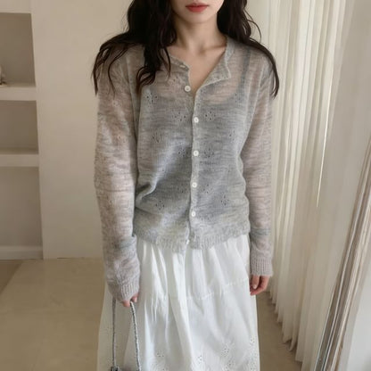 Button-Up Perforated Plain Cardigan