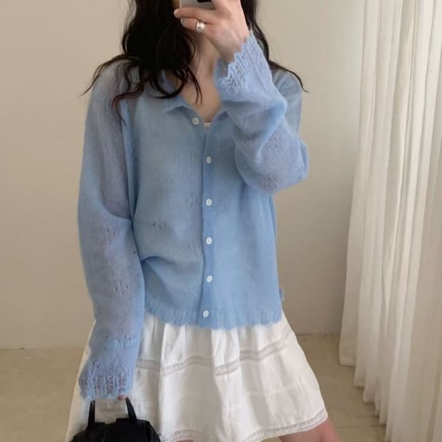 Button-Up Perforated Plain Cardigan
