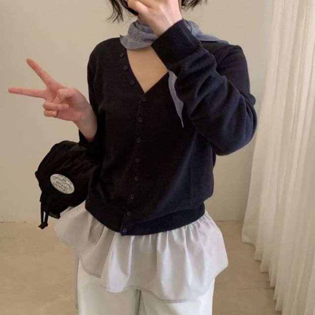 V-Neck Button-Up Plain Cardigan