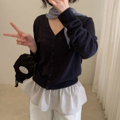 V-Neck Button-Up Plain Cardigan
