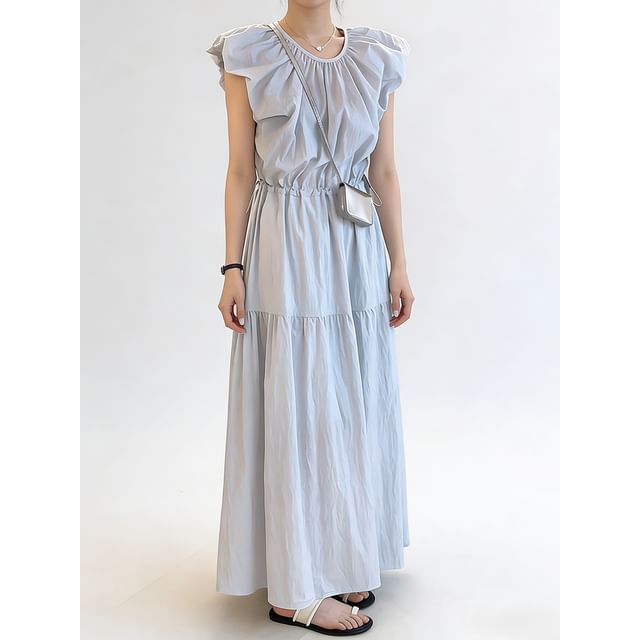 Cap-Sleeve Round Neck Plain Ruched Maxi A-Line Dress