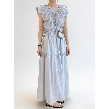 Cap-Sleeve Round Neck Plain Ruched Maxi A-Line Dress
