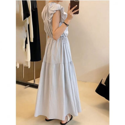 Cap-Sleeve Round Neck Plain Ruched Maxi A-Line Dress