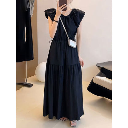 Cap-Sleeve Round Neck Plain Ruched Maxi A-Line Dress