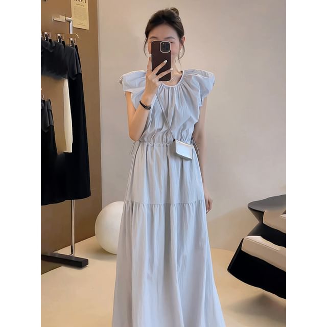 Cap-Sleeve Round Neck Plain Ruched Maxi A-Line Dress