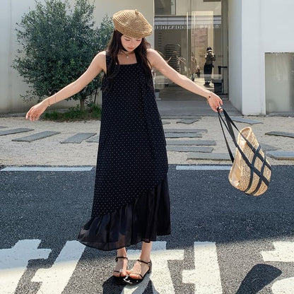 Sleeveless Square Neck Dotted Ruffle Asymmetrical Maxi Sundress