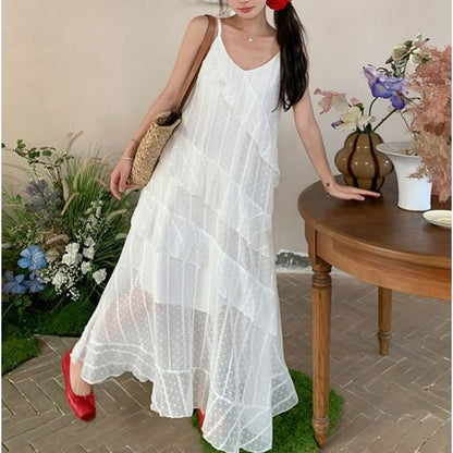 Spaghetti Strap V-Neck Dotted Ruffle Lace Trim Asymmetrical Maxi Sundress
