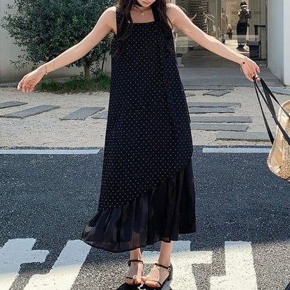 Sleeveless Square Neck Dotted Ruffle Asymmetrical Maxi Sundress