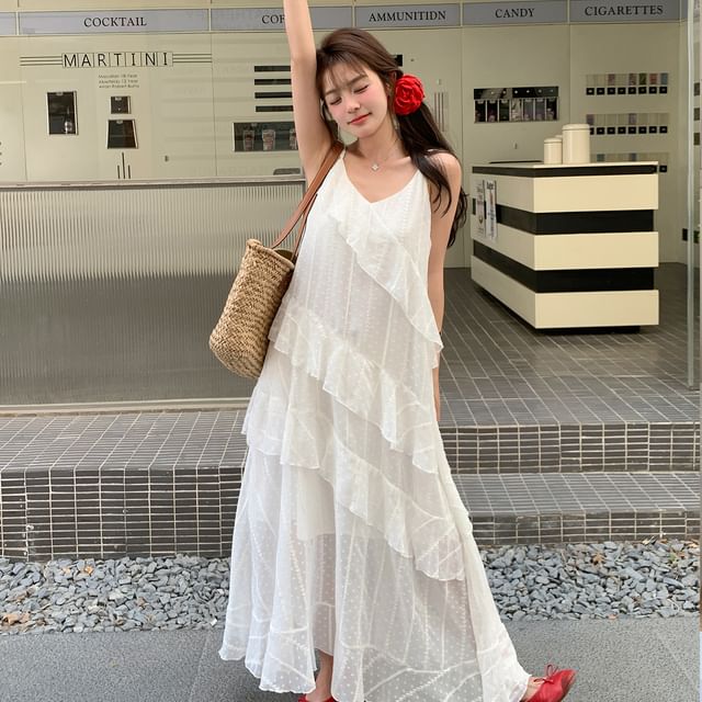 Spaghetti Strap V-Neck Dotted Ruffle Lace Trim Asymmetrical Maxi Sundress