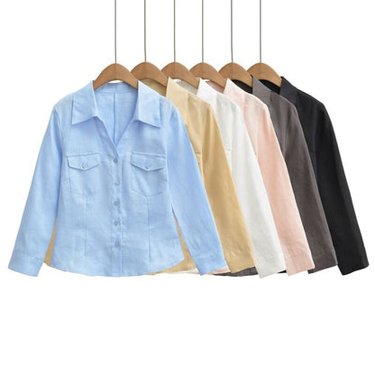 Solid Button-Down Shirt with Long Sleeves