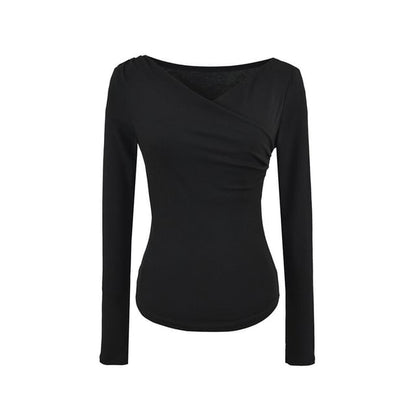 Long Sleeve V-Neck Shirred Top in Solid Hue