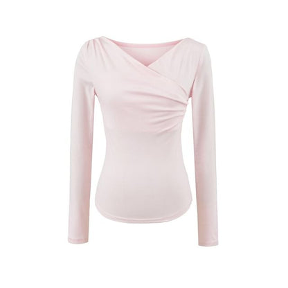 Long Sleeve V-Neck Shirred Top in Solid Hue