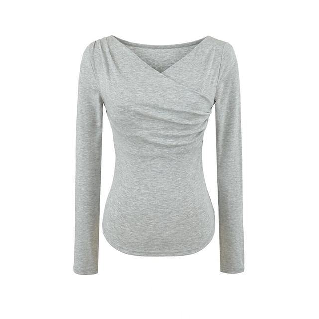 Long Sleeve V-Neck Shirred Top in Solid Hue