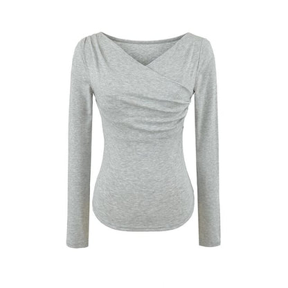 Long Sleeve V-Neck Shirred Top in Solid Hue
