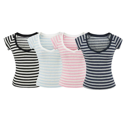 Striped V-Neck Tee with Short Sleeves