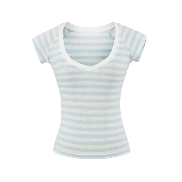 Striped V-Neck Tee with Short Sleeves