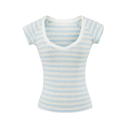 Striped V-Neck Tee with Short Sleeves
