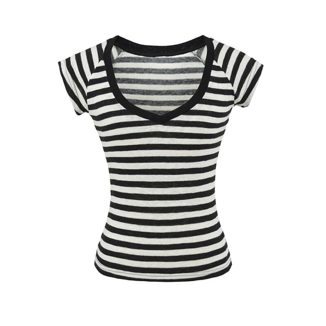 Striped V-Neck Tee with Short Sleeves