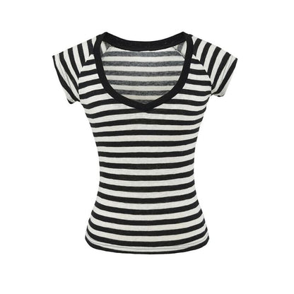 Striped V-Neck Tee with Short Sleeves