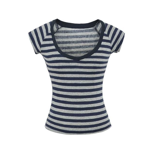 Striped V-Neck Tee with Short Sleeves