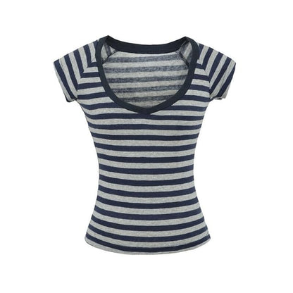 Striped V-Neck Tee with Short Sleeves