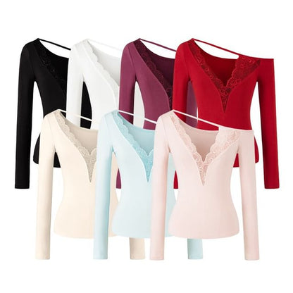 Asymmetric Lace-Trim Long Sleeve V-Neck Tee