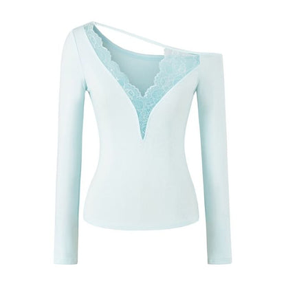 Asymmetric Lace-Trim Long Sleeve V-Neck Tee