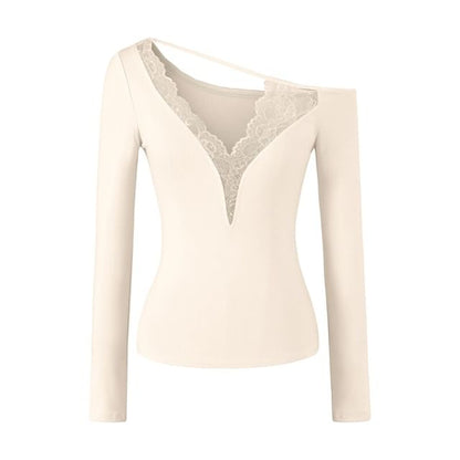 Asymmetric Lace-Trim Long Sleeve V-Neck Tee