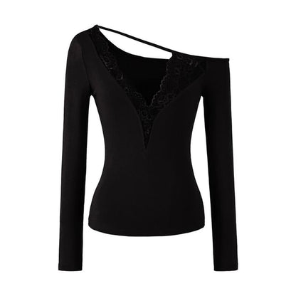 Asymmetric Lace-Trim Long Sleeve V-Neck Tee