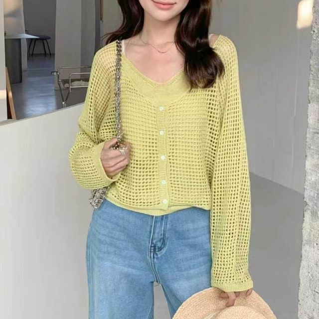 Set: V-Neck Perforated Button-Up Plain Crop Cardigan + Camisole Top