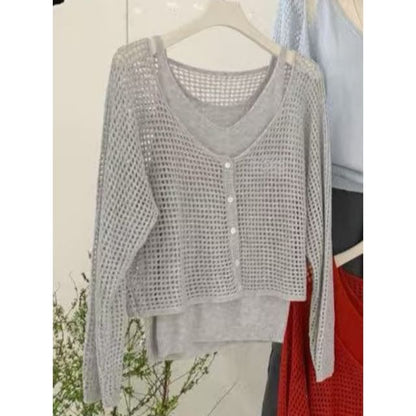 Set: V-Neck Perforated Button-Up Plain Crop Cardigan + Camisole Top
