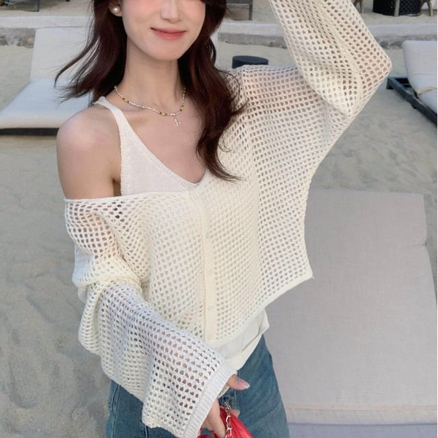 Set: V-Neck Perforated Button-Up Plain Crop Cardigan + Camisole Top