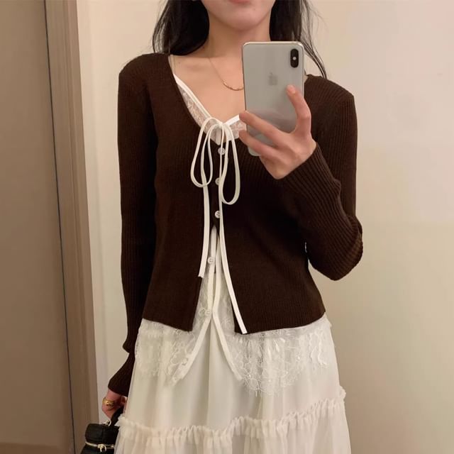 Mock Two-Piece V-Neck Lace Panel Tie Front Button-Up Cardigan