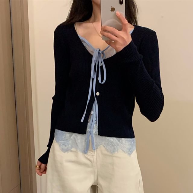 Mock Two-Piece V-Neck Lace Panel Tie Front Button-Up Cardigan