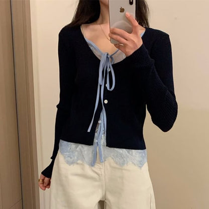 Mock Two-Piece V-Neck Lace Panel Tie Front Button-Up Cardigan