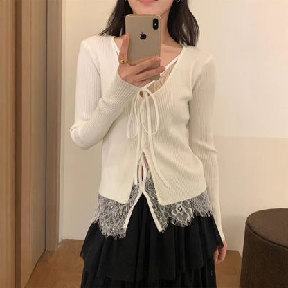 Mock Two-Piece V-Neck Lace Panel Tie Front Button-Up Cardigan