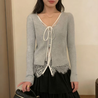 Mock Two-Piece V-Neck Lace Panel Tie Front Button-Up Cardigan
