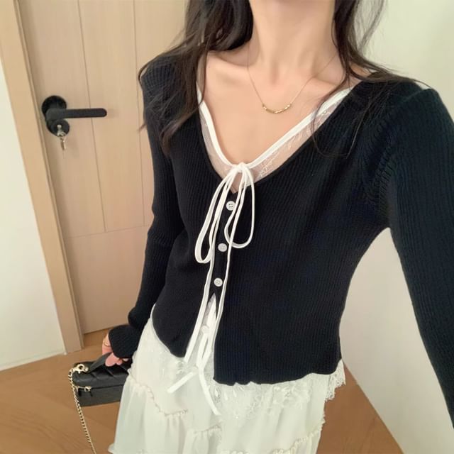 Mock Two-Piece V-Neck Lace Panel Tie Front Button-Up Cardigan