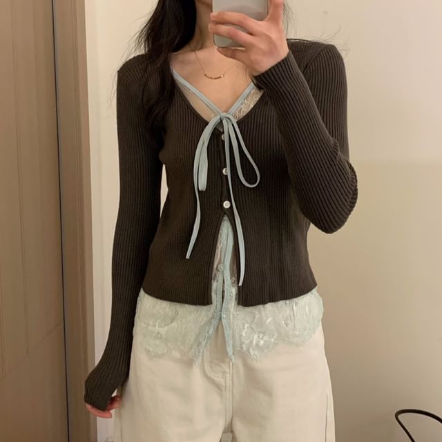 Mock Two-Piece V-Neck Lace Panel Tie Front Button-Up Cardigan